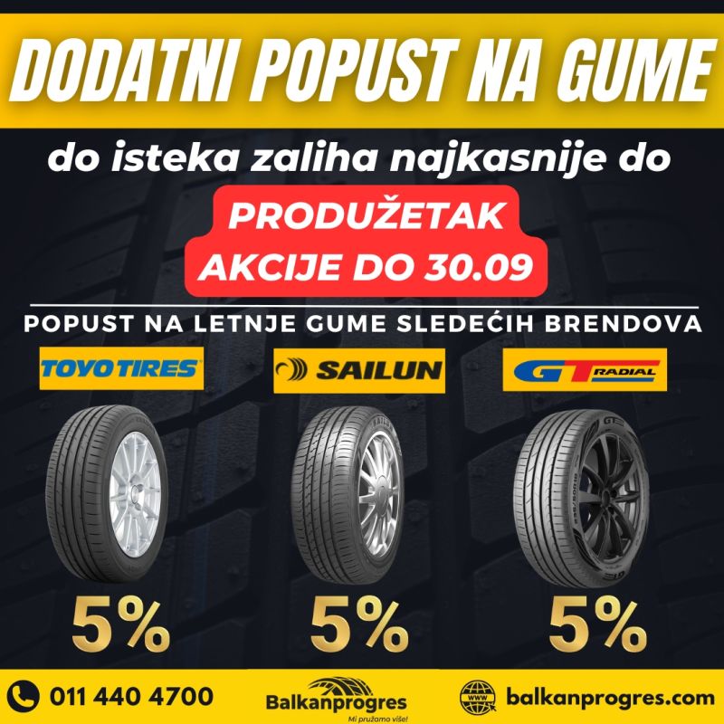 Produžena letnja akcija za kupovinu NOVIH letnjih guma u Balkanprogres servisima – Iskoristite popuste do 30. Septembra 2024.